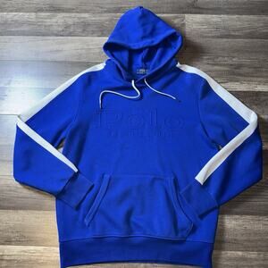 Polo Ralph Lauren Blue Pullover Hoodie Embossed Logo White Stripe Men’s Small